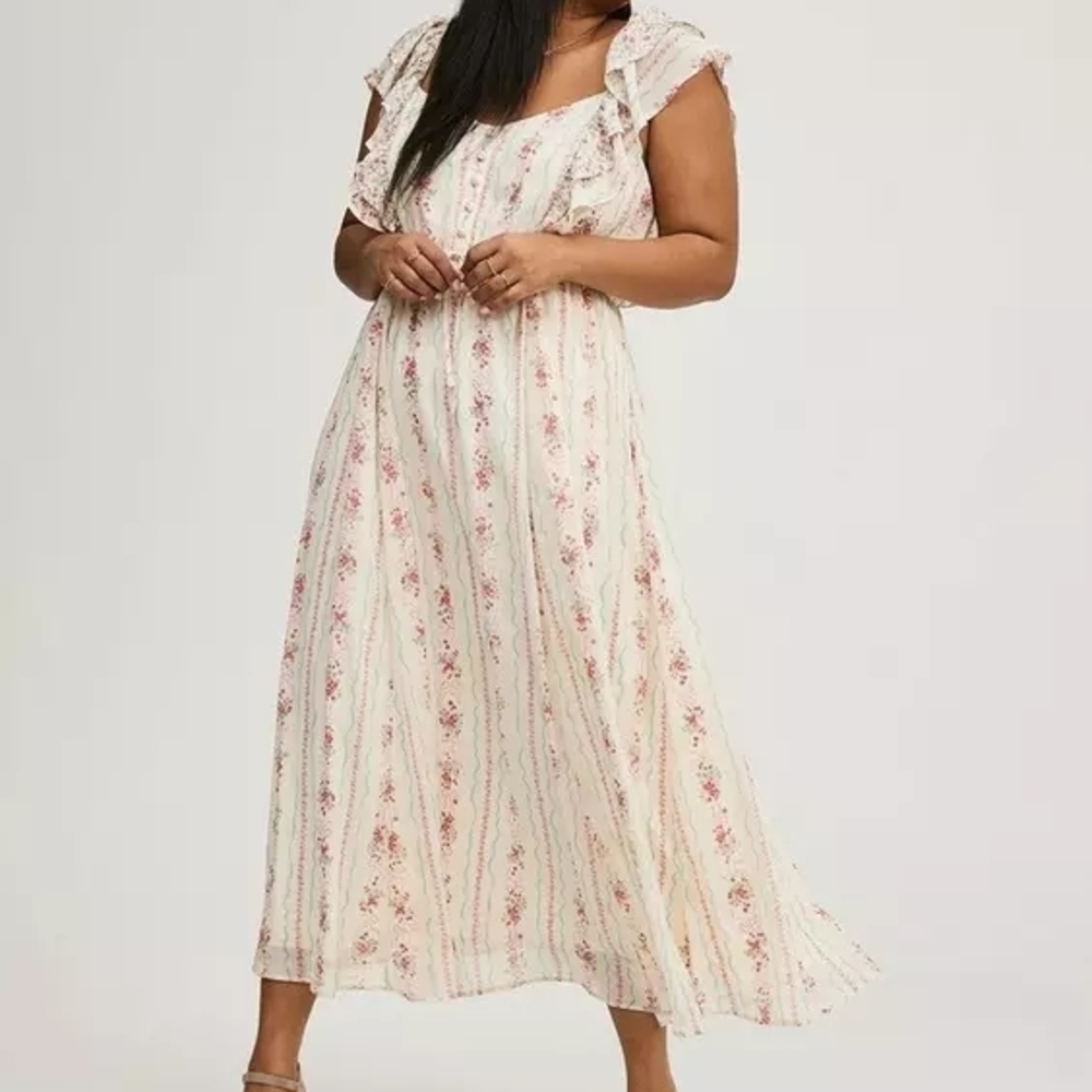Cream Floral Maxi Dress with Ruffled Sleeves
